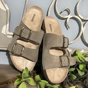 Genuine Suede Slides Taupe Sandals Sonoma Womens 6 Artwork New Double Strap